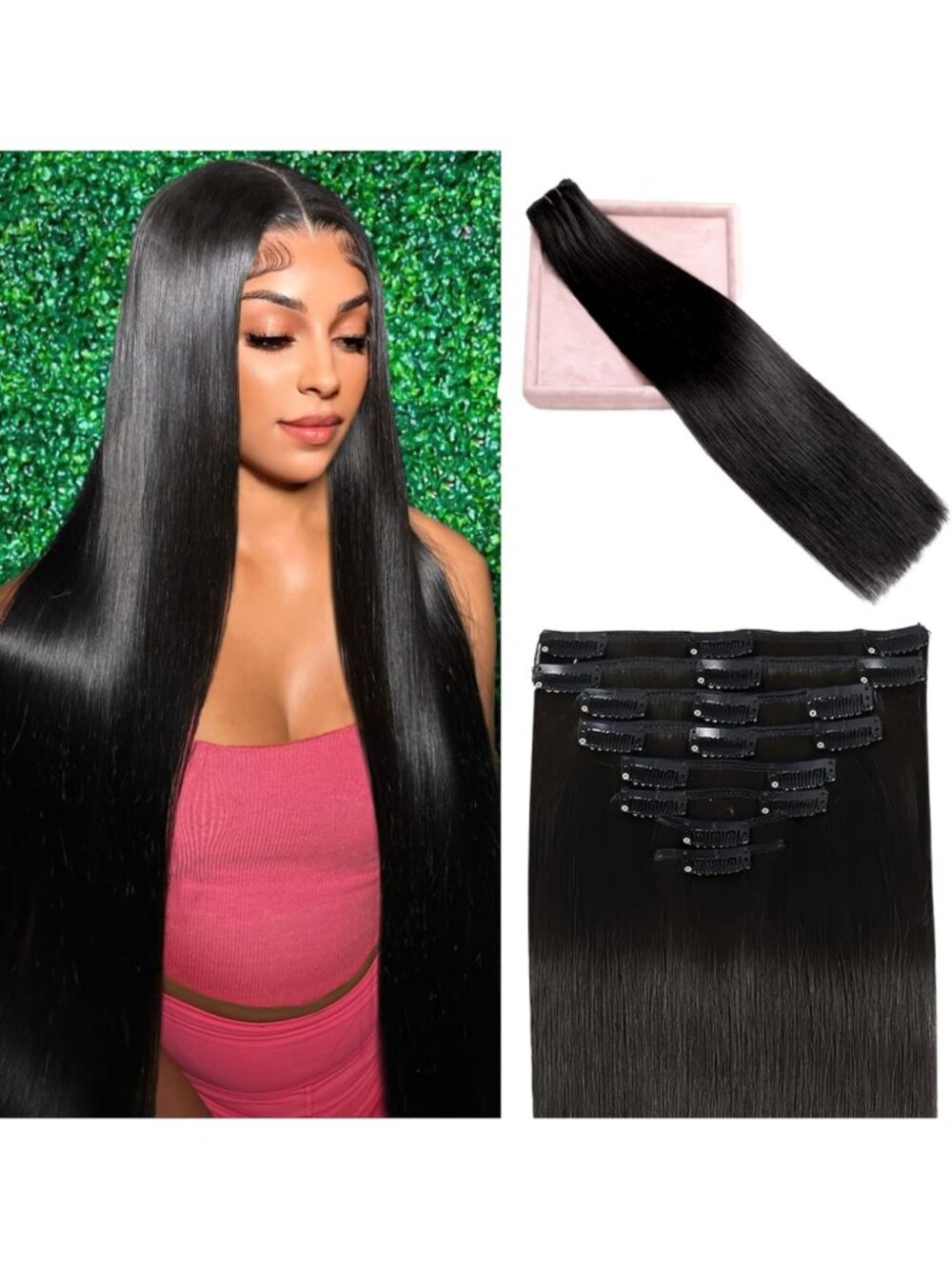 20" Seamless Clip-In Hair Extensions, 100% Remy Human Hair, Natural Black, 105g